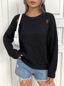SHEIN Unity Women's Hollow Out Pullover Sweater With Raglan Sleeve Knit Pullover Fall Winter Sweater - Black - View 2