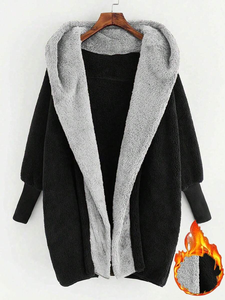 Mulvari Plus Open Front Hooded Teddy Coat - Grey - View 1