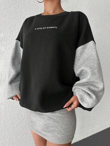 SHEIN Cottnline Lỏng lẻo phù hợp Áo nỉ Với Tương phản Màu sắc In - màu đen - Xem 4