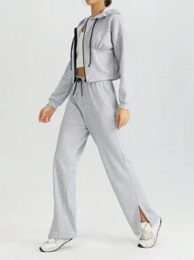 EURMUSE Ladies' Drawstring Waist Pleated Detail Hoodie And Pants Set - Grey - View 5