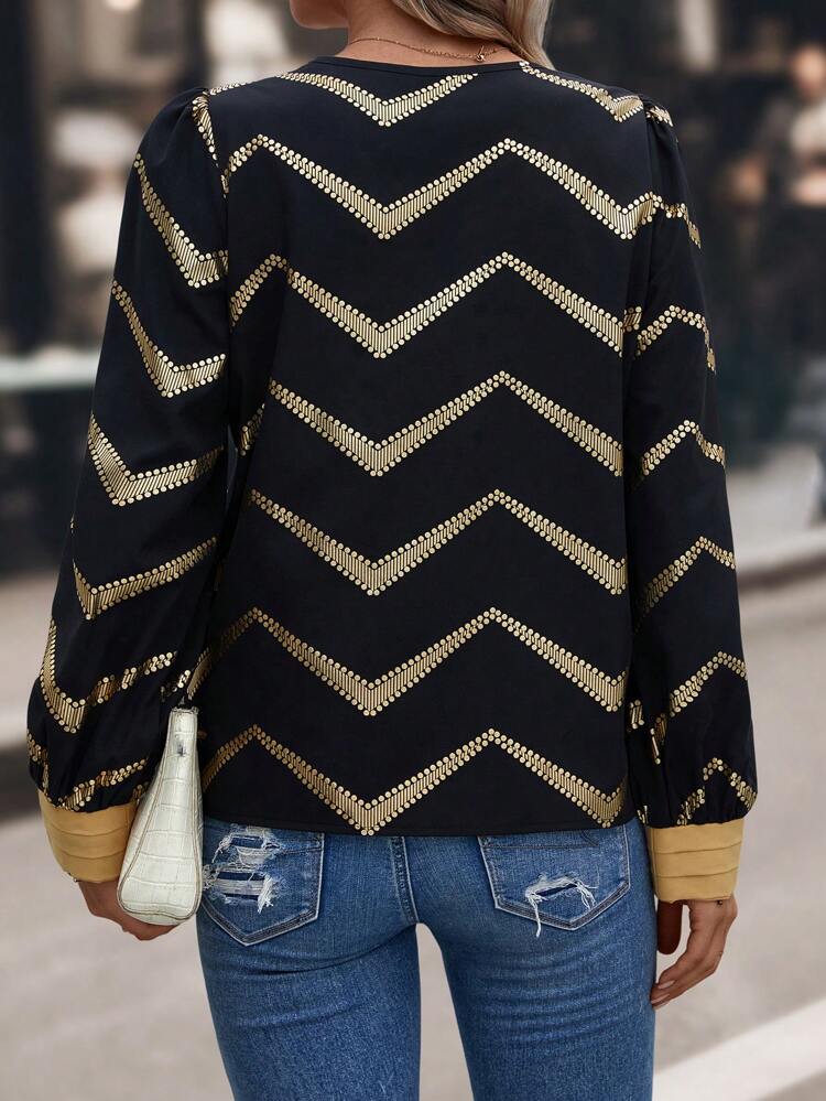 Chevron Print Contrast Trim Lantern Sleeve Blouse