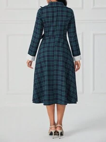 SHEIN Lady Lapel Neck Tie Side Plaid Dress - Multicolor - View 2