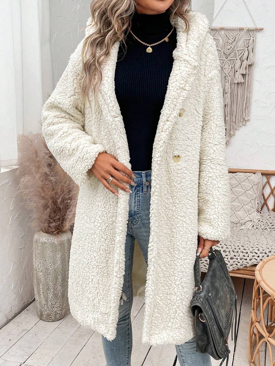 SHEIN Essnce Double Breasted Hooded Teddy Coat - Apricot - View 1