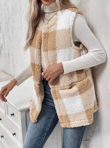 SHEIN LUNE 無毛衣款水牛格紋開衫式背心外套 - 杏色 - 查看 6