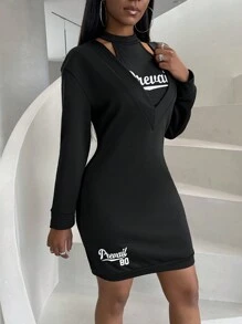 BamGleam 女性徽章印花綁頸背心和丟肩連衣裙套裝 - 黑色 - 查看 5