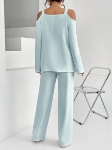 SHEIN Privé 純色無腰帶露肩西裝外套 - 淺藍色 - 查看 2