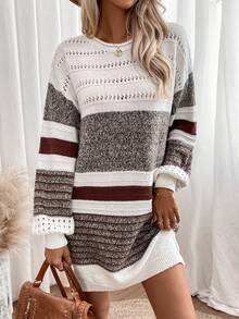 SHEIN LUNE Color Block Drop Shoulder Pointelle Knit Sweater Dress - Multicolor - View 5