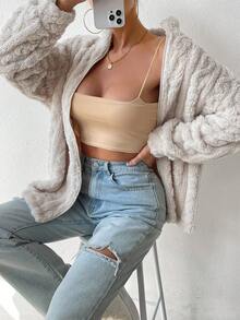 SHEIN Essnce 純色半拉鍊落肩保暖外套 - 杏色 - 查看 6