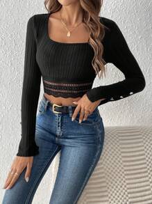 SHEIN Frenchy Quý cô Trang trí ren Hem Áo thun - màu đen - Xem 1