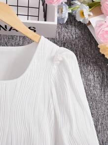 SHEIN 少女方領泡泡袖t恤 - 白色 - 查看 5