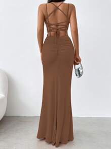 EURMUSE Solid Color Ruffle Pleated Split Hem Cami Dress - Mocha Brown - View 2