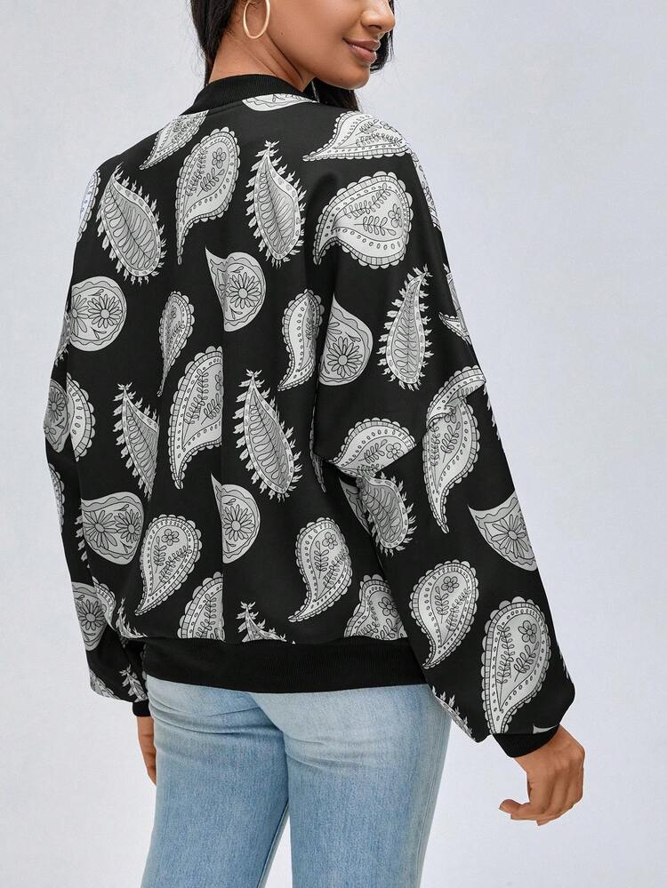 Designer Leaf Print Drop Shoulder Bomber Jacket, For Holiday, Vacation, Spring, Festival, Ibiza Fits