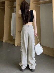 素色翻蓋口袋工裝褲 - 淺灰色 - 查看 2