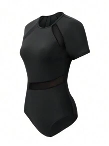 SHEIN Swim Summer Beach Women's Short Sleeve Mesh Splicing One-Piece Swimsuit - Black - View 3