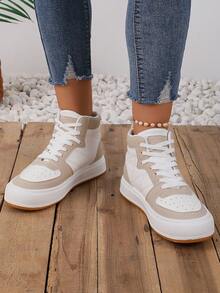 女士高筒運動鞋,休閒,運動,時尚,拼接色塊,厚底白鞋 - 卡其色 - 查看 3