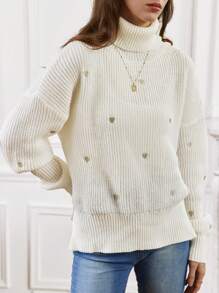 SHEIN Frenchy Women's Heart Embroidery Turtleneck Sweater Winter White Casual - White - View 5