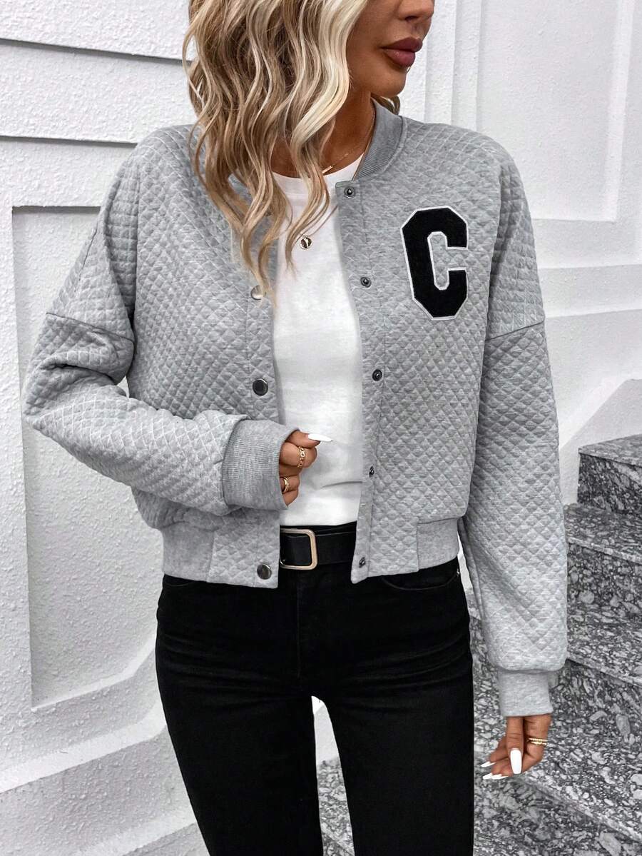 SHEIN LUNE Của phụ nữ Kim cương Textured Áo khoác Với Lá thư - Xám - Xem 1