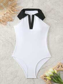 SHEIN Swim 夏季有领拼色连体泳衣 - 黑與白 - 查看 4