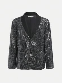 SHEIN 適合十幾歲男孩的雙排釦立領西裝，長褲具有優雅紳士風格，2件套裝 - 黑色 - 查看 7