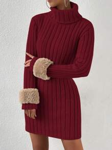 Chiquease 修身羅紋高領毛衣洋裝(不含腰帶) - 紅色 - 查看 6