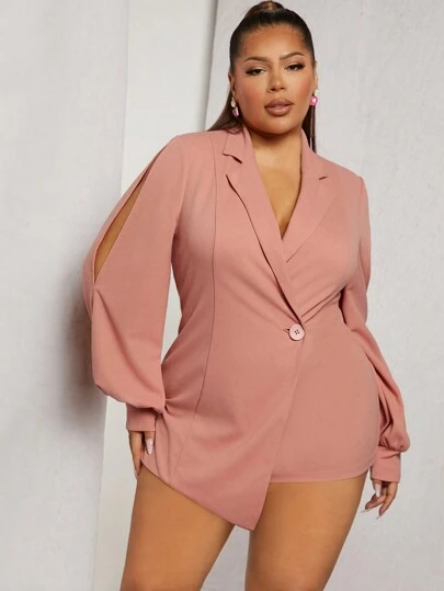 L'Amorae 加大剪裁灯笼袖不对称下摆连体衣