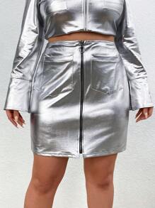 SHEIN ICON Zipper Pocket High Waisted Skirt - Silver - View 1