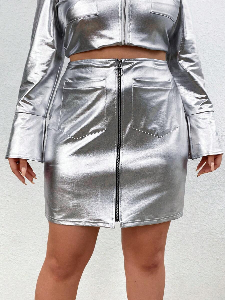 SHEIN ICON Zipper Pocket High Waisted Skirt - Silver - View 1