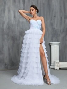 亮片紧身胸衣对比色网眼分层下摆筒形连衣裙 - 白色 - 查看 4