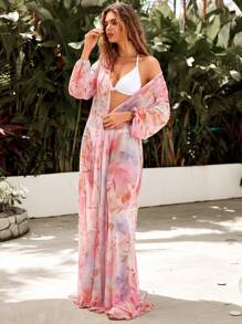 Swim Vcay 花卉印花腰帶和服沒有比基尼