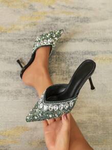 女士高跟尖头铆钉一脚蹬穆勒鞋，适合派对和百搭，风格清新 - 綠色 - 查看 1