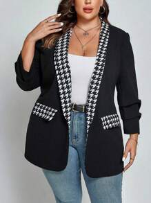 SHEIN CURVE+ Random Printed Plus Size Blazer - Black and White - View 1