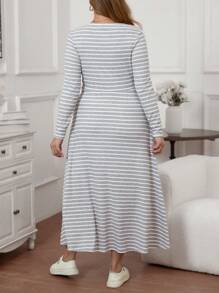 SHEIN LUNE Plus Striped Print Surplice Neck Dress - Black - View 2