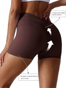 Easithlete Solid Color Back Pleated Sports Shorts - Coffee Brown - View 1
