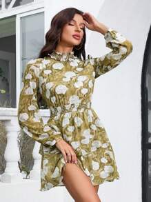 Aveloria Random Printed Long Sleeve Shirred Collar Dress Fall Cloth For Women - Multicolor - View 3