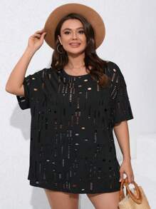 SHEIN LUNE Kích thước lớn Quý cô Dệt kim Lỏng lẻo phù hợp Xu hướng: Cắt giảm Áo - màu đen - Xem 6