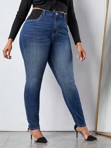 SHEIN SXY 女大尺碼撞色緊身牛仔褲 - 深色水洗藍 - 查看 5