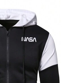 Manfinity Homme 男士字母印花雙色拉鍊連帽運動衫和運動褲套裝 - 黑色 - 查看 5