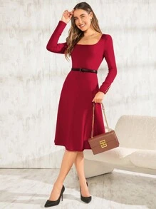 SHEIN Clasi Square Neck A-line Dress Without Belt - Burgundy - View 5