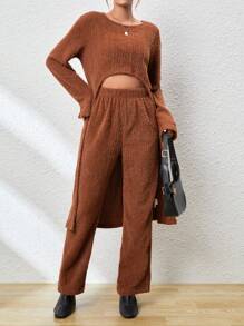 SHEIN Essnce Solid High Low Hem Fuzzy Tee & Pants
