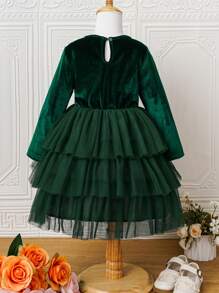 SHEIN Glamorique Kids Cô gái Vòng cổ Đầm Với Lưới Hem - màu xanh lá - Xem 1