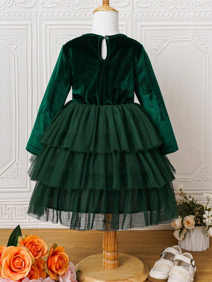 SHEIN Glamorique Kids Cô gái Vòng cổ Đầm Với Lưới Hem - màu xanh lá - Xem 1