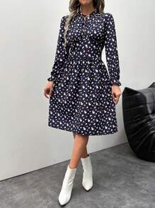 EURMUSE Allover Print Tie Neck Flounce Sleeve Dress - Multicolor - View 5