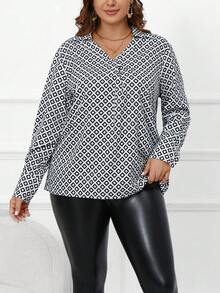 SHEIN Clasi Kích thước lớn Họa tiết Hình học In Áo sơ mi - Đen và trắng - Xem 5