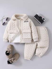 SHEIN Baby Boy Letter & Cartoon Graphic Quilted Coat & Pants - Apricot - View 9