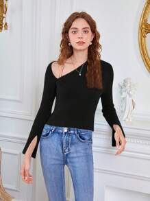 SHEIN MOD 女士不对称领纯色毛衣 - 黑色 - 查看 4