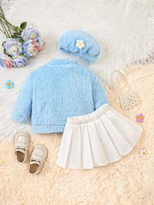 女嬰花毛衣+裙子+帽子 3 件套 - 藍色 - 查看 2