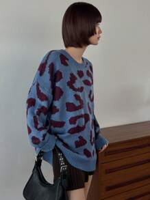FRIFUL 女士豹紋寬鬆針織衫,垂墜肩設計 - 彩色 - 查看 3
