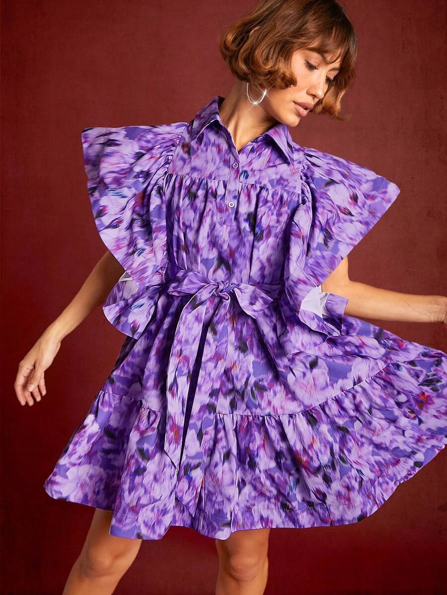 Hauture 花卉印花荷叶边下摆束带连衣裙 - 彩色 - 查看 1