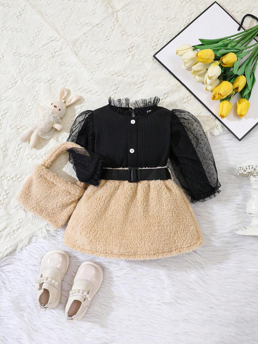 女嬰dobby網狀疊層泡泡袖t卹& 自帶系帶泰迪熊裙 & 包包