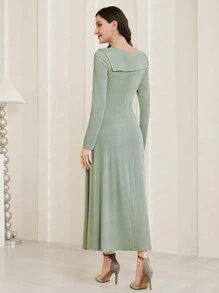 Modelyn Solid Color Beltless Dress Without Collar - Green - View 2
